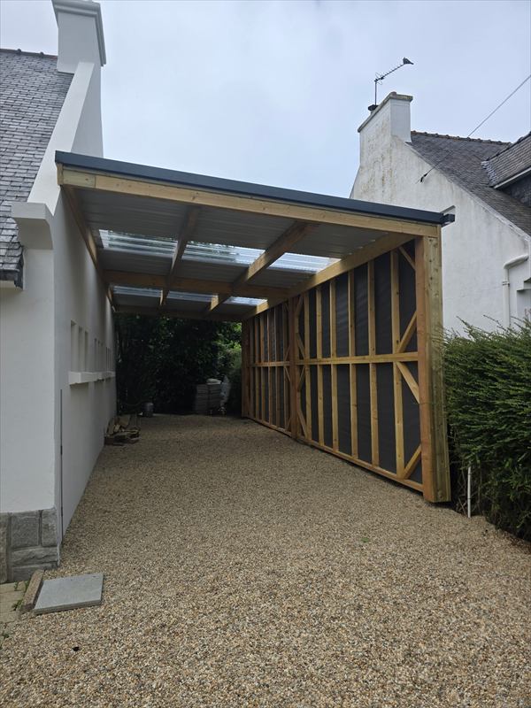Abri adossé en ossature bois avec couverture translucide, sur une allée gravillonnée entre deux maisons